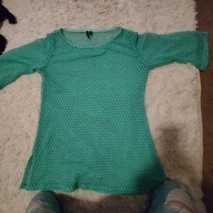 Teal 3/4wide sleeve, crochet look split shirt (can be a bikini cover) mid thigh